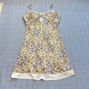 Y2K Cottagecore Floral Slip Dress Medium Lace Trim Gold Cream Mini Romantic‎
